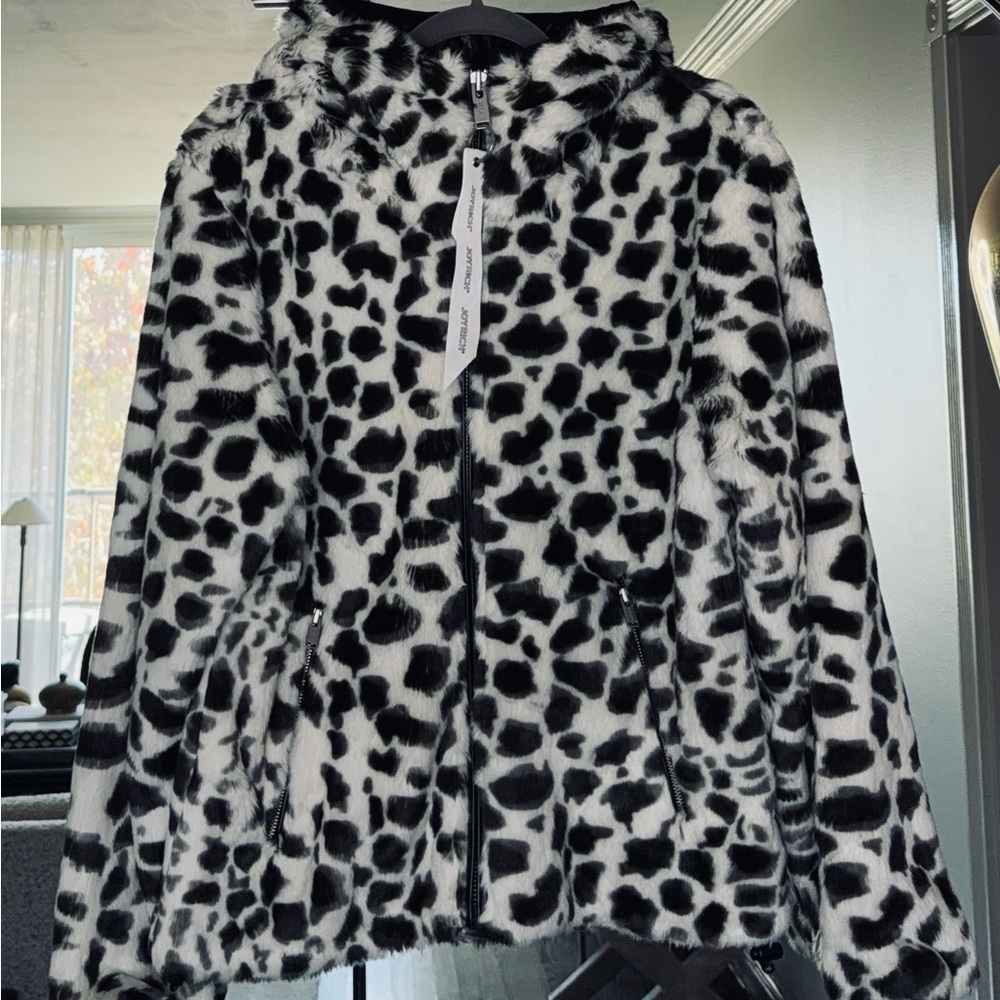Joyrich Black & White Faux Fur Snow Leopard Hooded Bomber